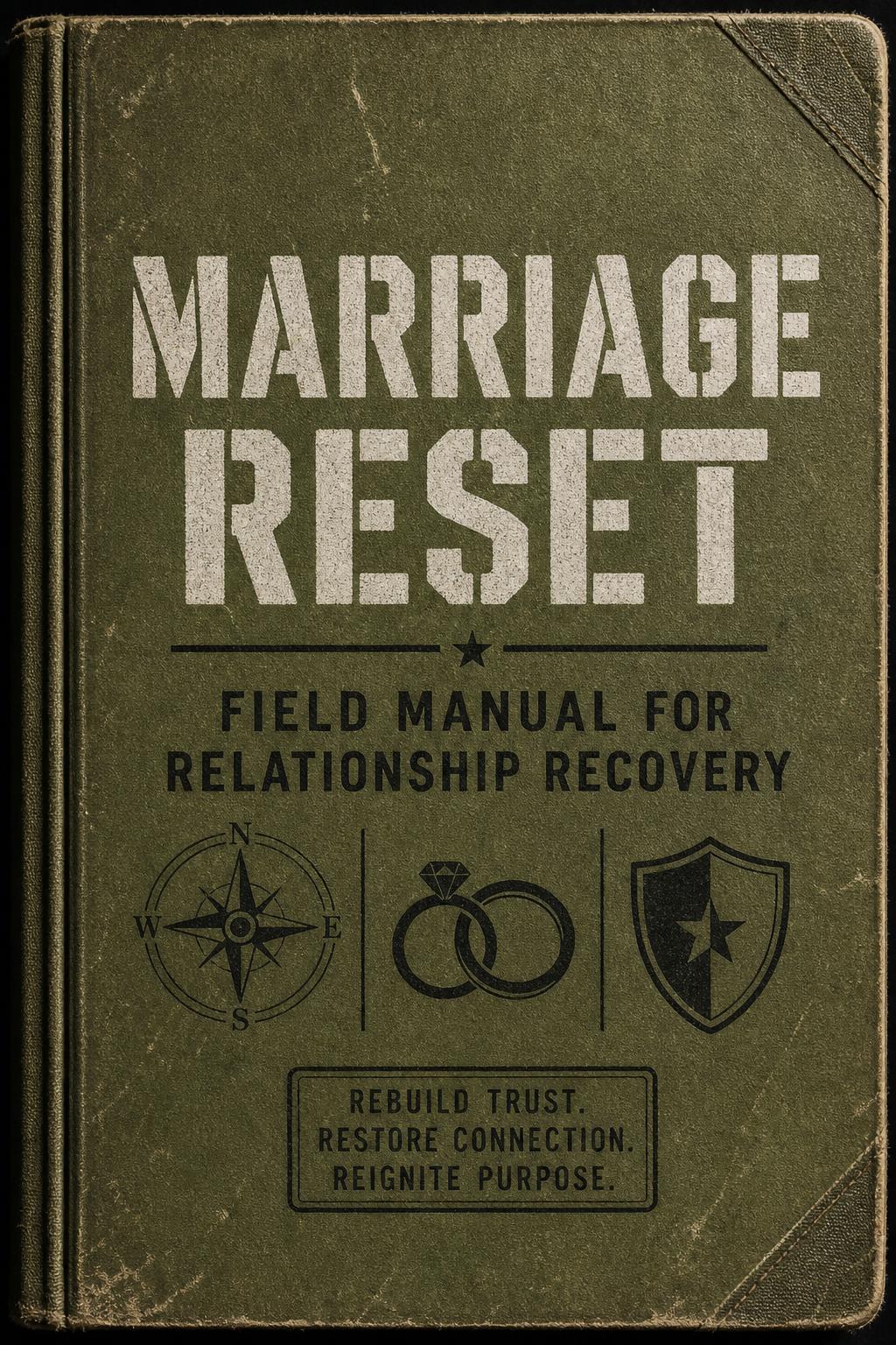 Book cover for The Marriage Reset by Pastor Patrick L. McGrew Sr., designed like an olive-drab military field manual with large stencil lettering reading 'MARRIAGE RESET' and 'Field Manual for Relationship Recovery', featuring small compass, wedding rings, and shield icons.